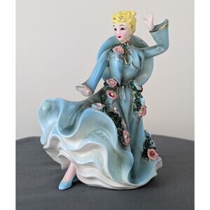 50s Lefton Flamenco Dancer Lady Figurine Aqua Rhinestone Flower Brim Hat 2368